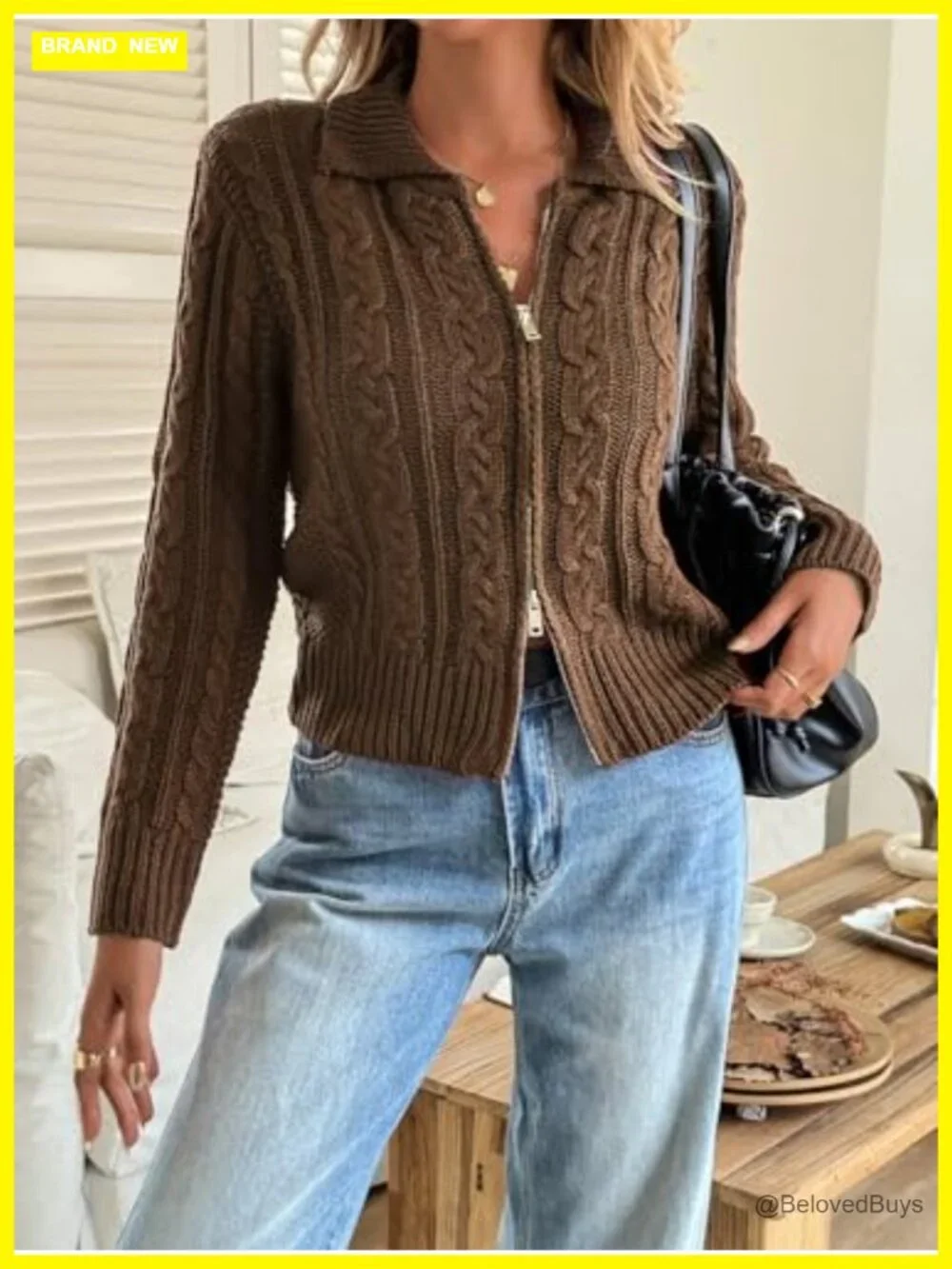Cable Knit Crop Cardigan Zip Up Chunky Sweater Jacket Fall